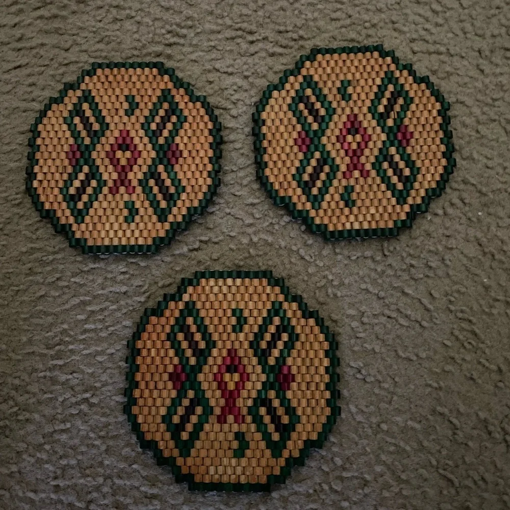 Vintage Set Of 3 Wooden Beaded Geometric Patterned Trivets For Hot Cookware 6in